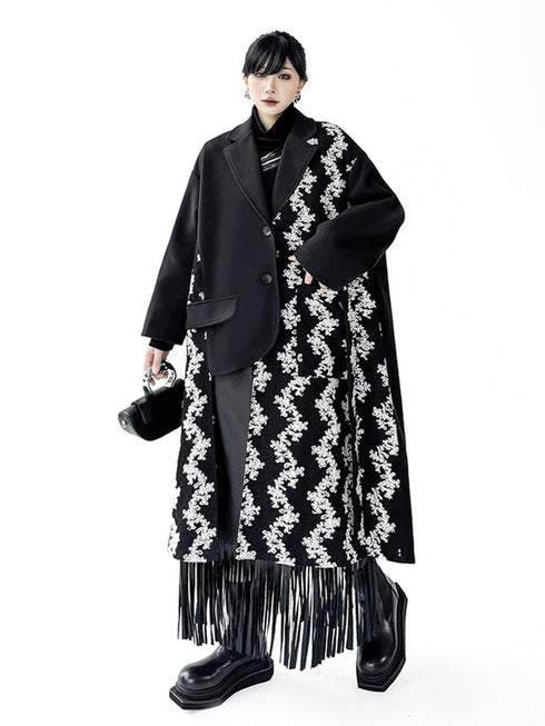 Patch Jacquard Fringe Coat