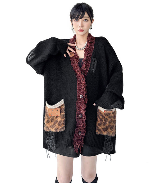 Fringe Patchwork Knit Cardigan