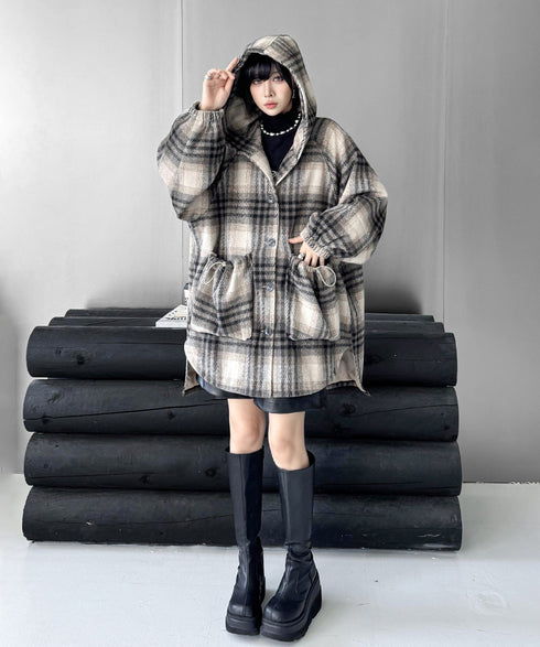 Oversized Plaid Hooded Coat