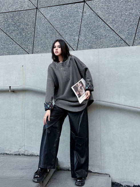 Pattern Cuff Hooded Top