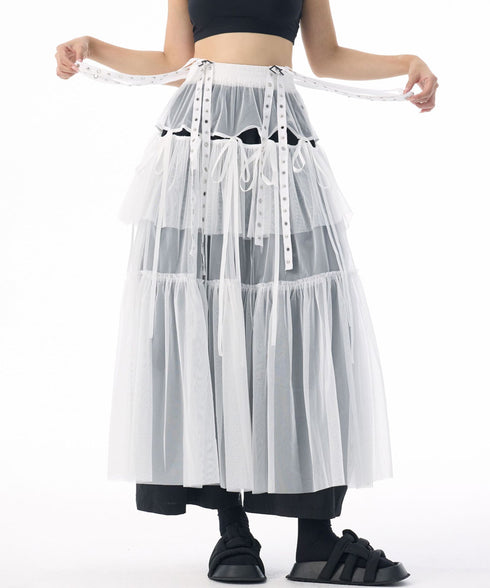 Tiered Mesh Belt Skirt