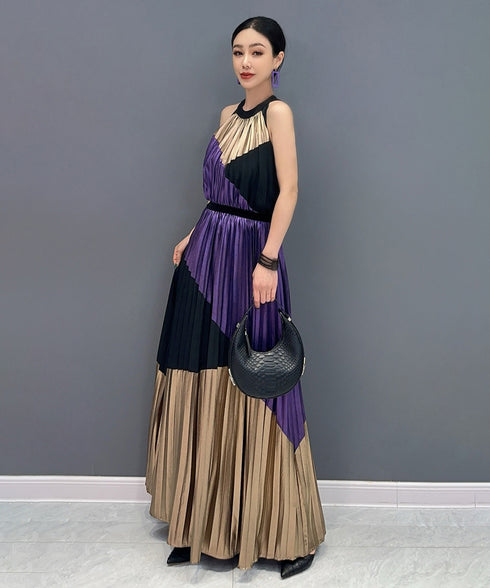 Tri-Color Pleated Halter Dress