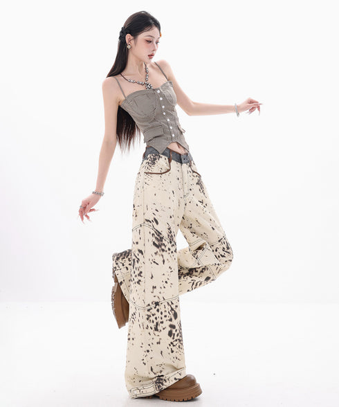 Speckled Panel Wide Denim Pants