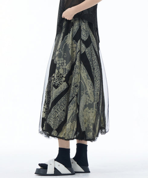 Lace Pattern Mesh Layered Skirt