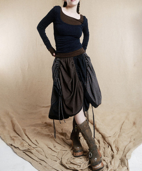 Gathered Patchwork Flare Skirt