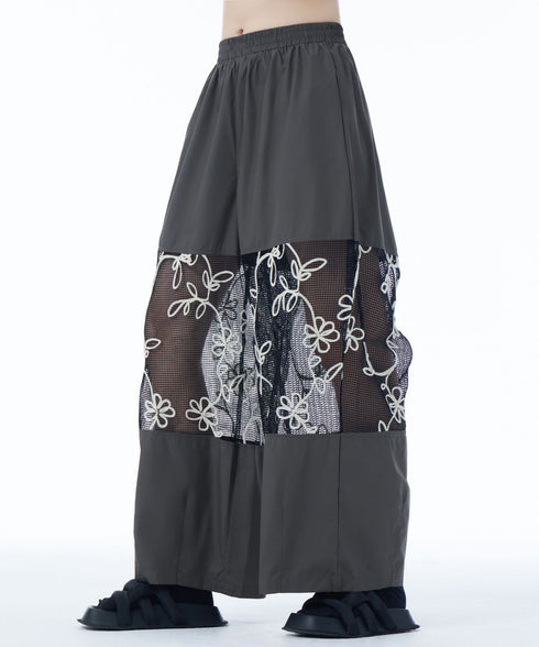 Sheer Floral Mesh Wide Pants