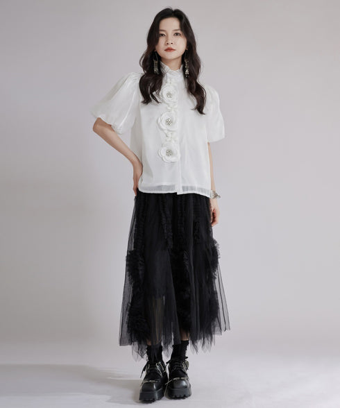 Floral Appliqué Puff Blouse