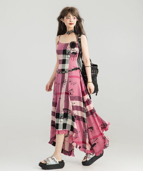 Graffiti Plaid Frill Dress