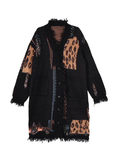 Frayed Leopard Patch Knit Cardigan