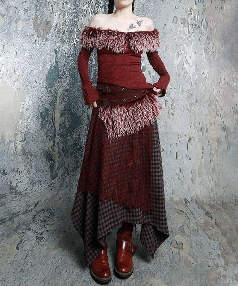 Feather Trim Offshoulder Knit Top