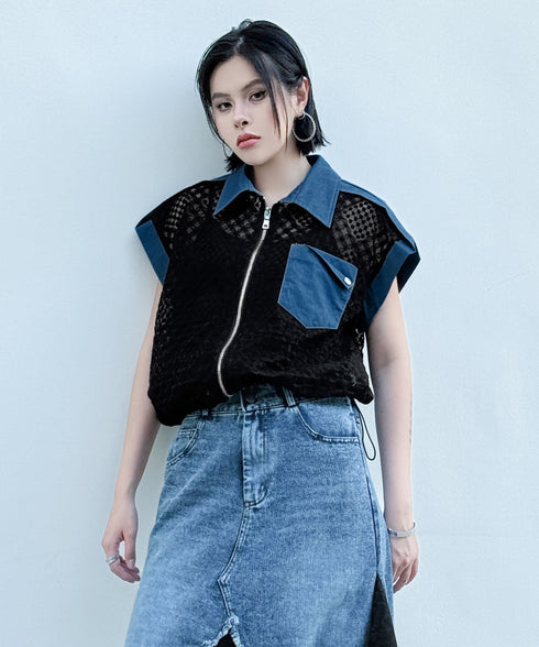 Mesh Contrast Zip Top