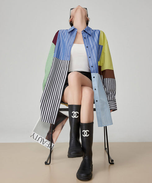 Patchwork Stripe Long Blouse