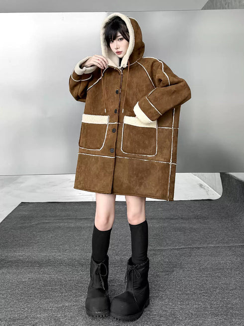 Hooded Faux Shearling Patch Coat
