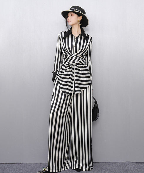 Graphic Stripe Wrap Top&Wide Pants Co-ord