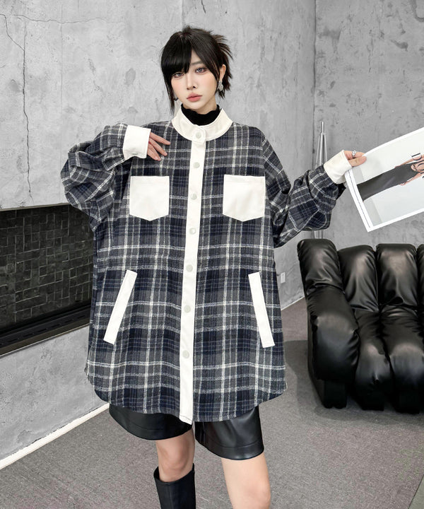 Contrast Panel Check Shirt Jacket