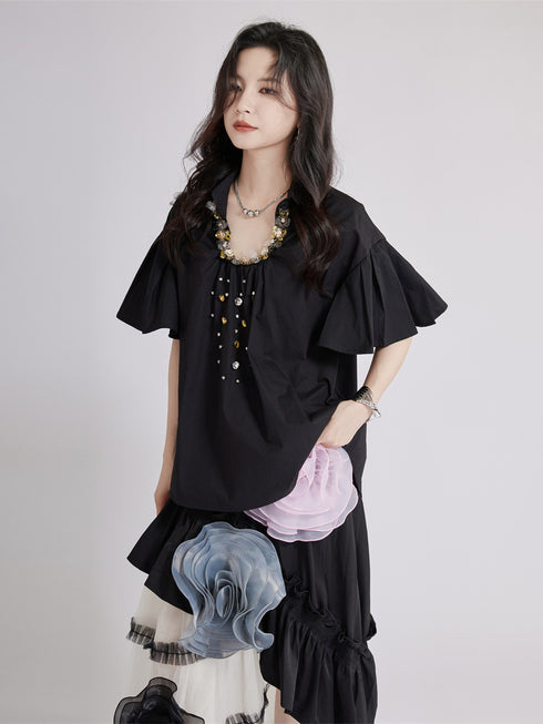 Beaded Collar Flare Blouse