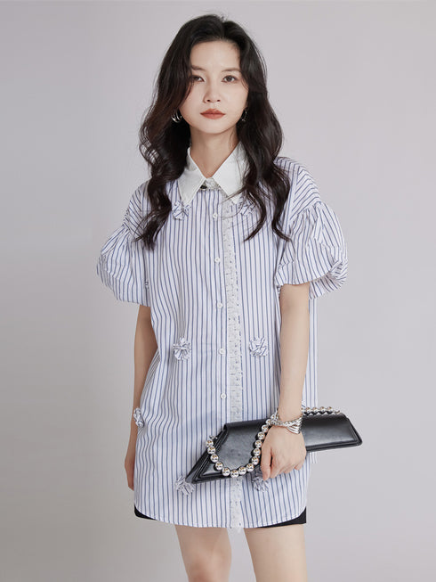 Striped Flower Puff Blouse