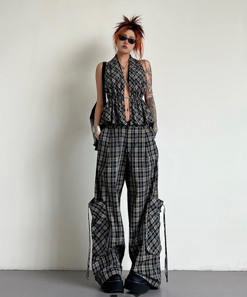 Plaid Vest Top & Cargo Wide Pants Series