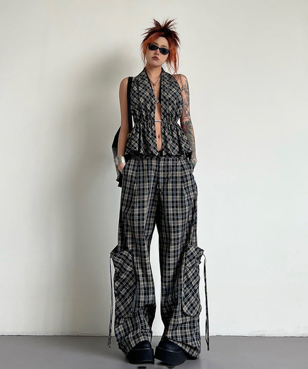 Plaid Vest Top & Cargo Wide Pants Series