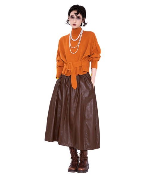 Belted High Neck Knit Top