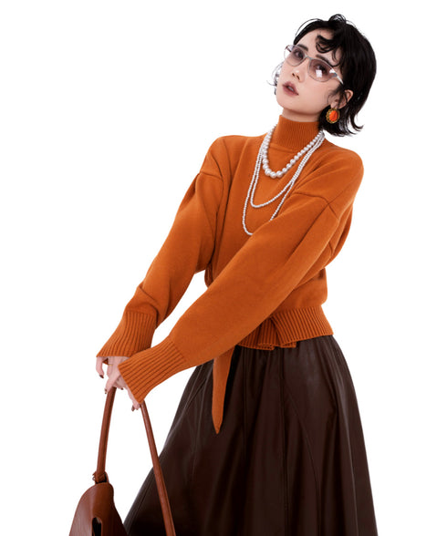 Belted High Neck Knit Top