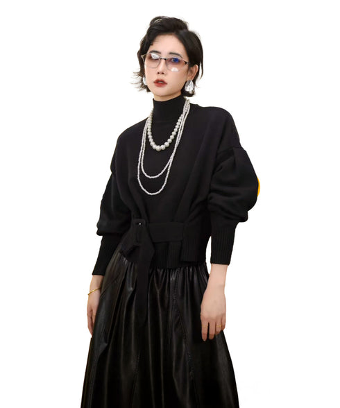 Belted High Neck Knit Top