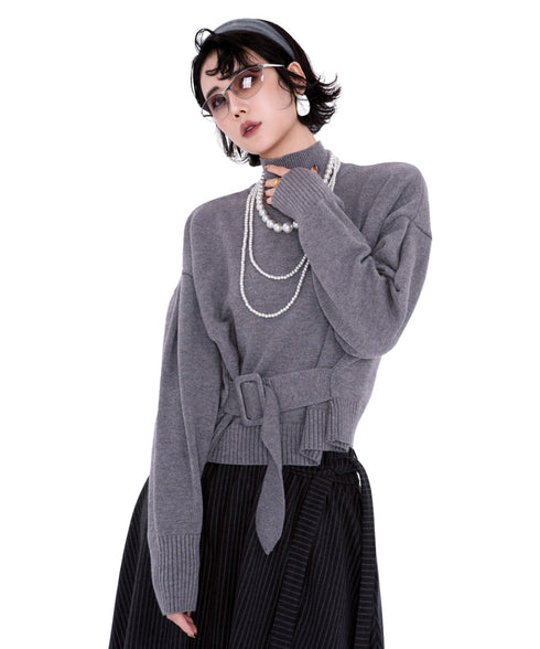 Belted High Neck Knit Top