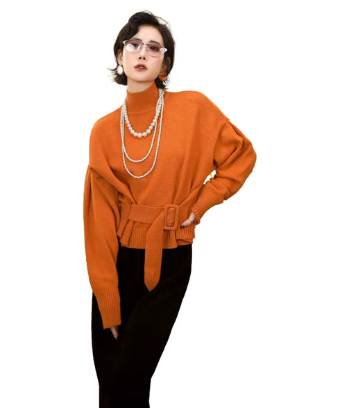 Belted High Neck Knit Top