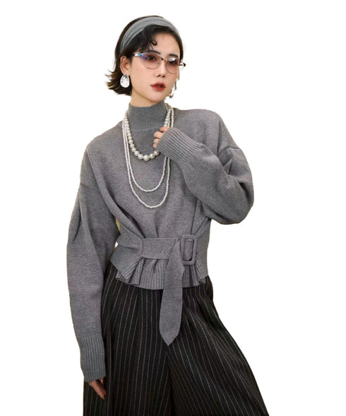 Belted High Neck Knit Top