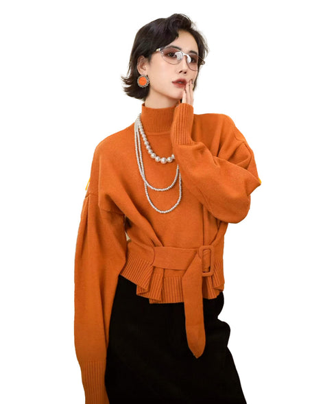Belted High Neck Knit Top