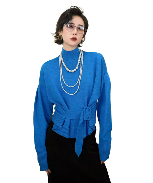 Belted High Neck Knit Top