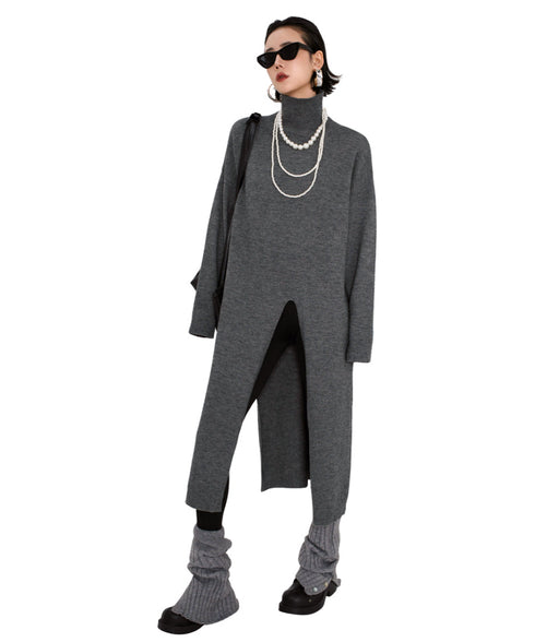 High Neck Front Slit Knit Top