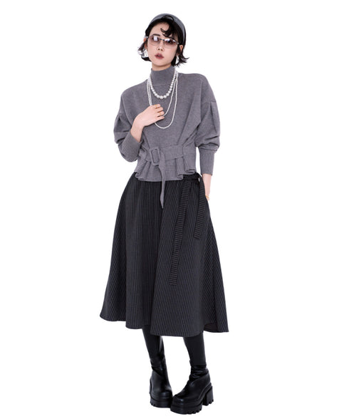 Belted High Neck Knit Top