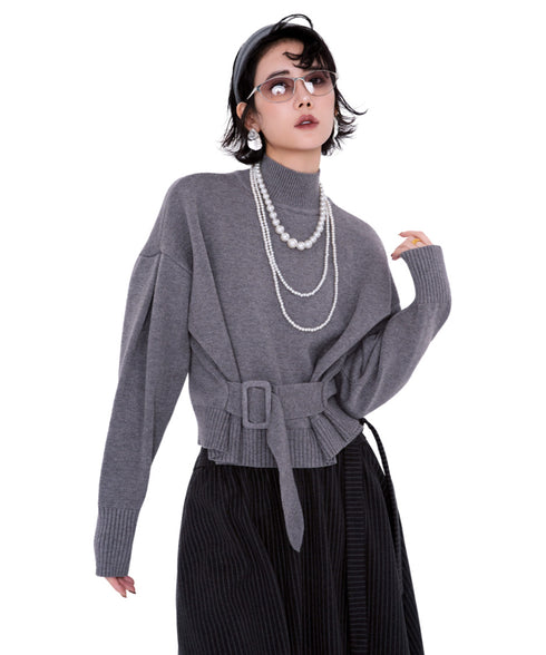 Belted High Neck Knit Top