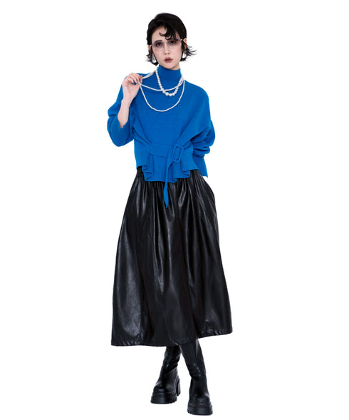 Belted High Neck Knit Top