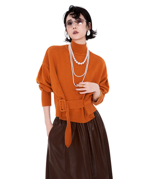 Belted High Neck Knit Top