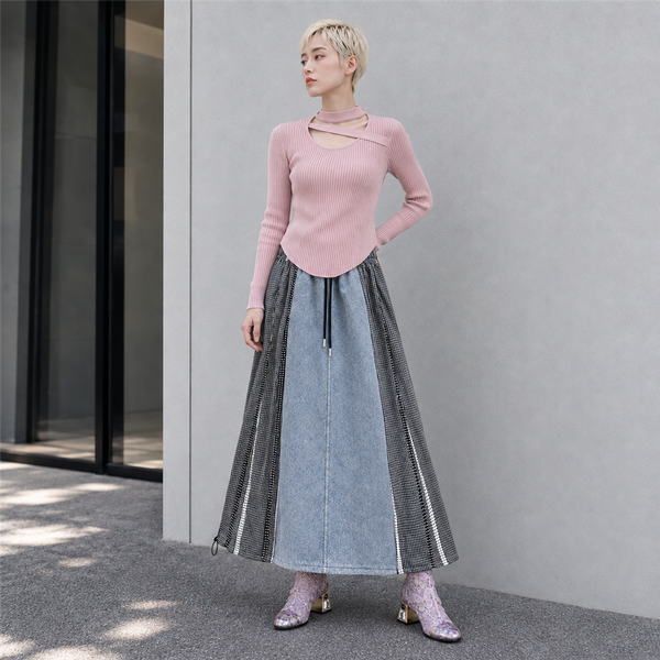 LSY-0166|SNAP①・身長163cm|Asymmetric Rib Knit Top Pink、Grid Trace Skirt Washed Blue、Butterfly Lace Boots Lavender