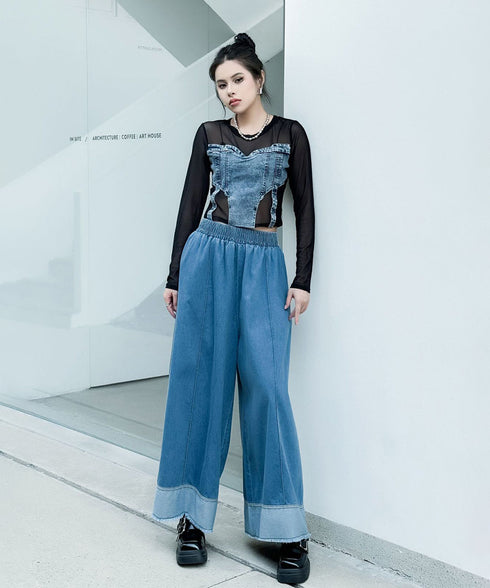 Stitch Contrast Color Wide Denim