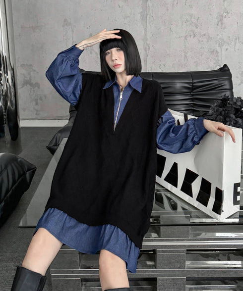 Knit Switch Denim Dress