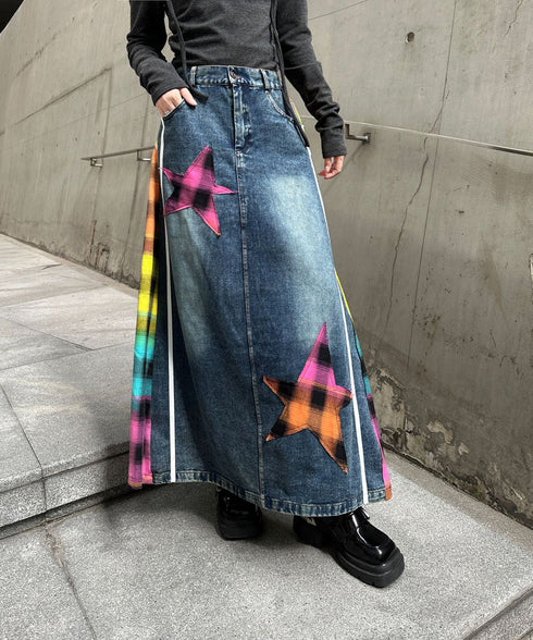 Denim Patchwork Check Skirt