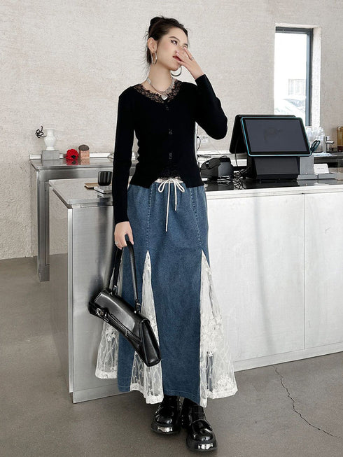 Cross Border Lace Denim Skirt