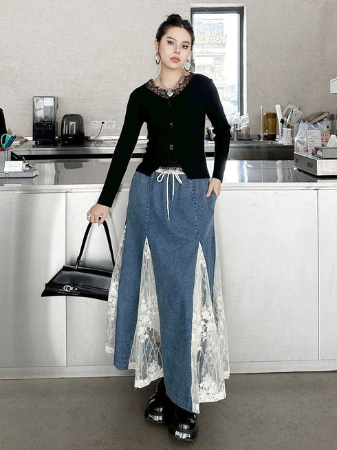 Cross Border Lace Denim Skirt