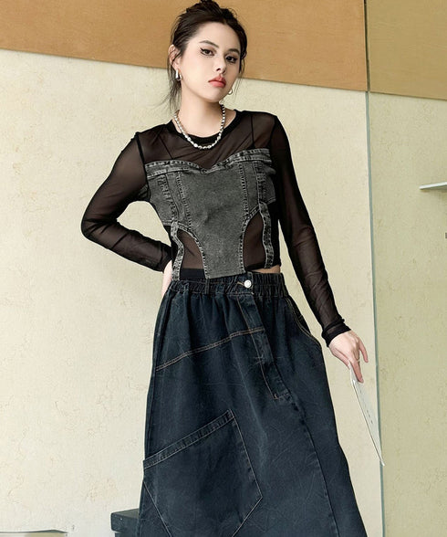 Denim Switch See-Through Top