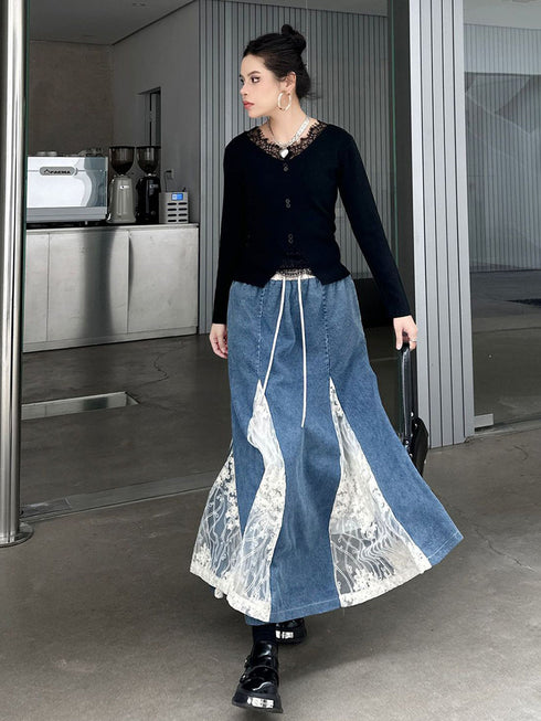 Cross Border Lace Denim Skirt