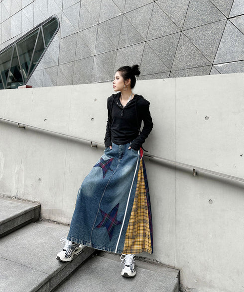 Denim Patchwork Check Skirt