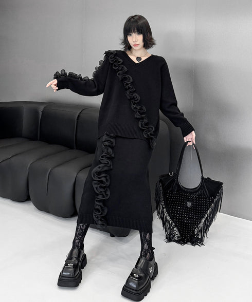 Ruffle Line Sweater & Skirt