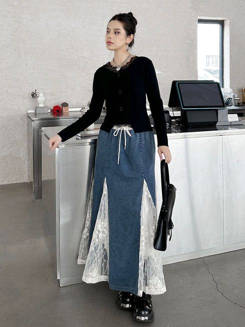 Cross Border Lace Denim Skirt