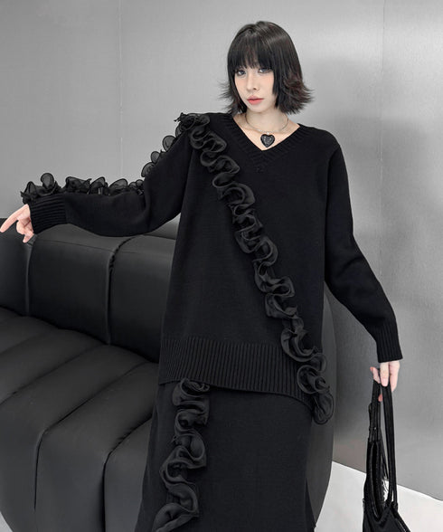 Ruffle Line Sweater & Skirt