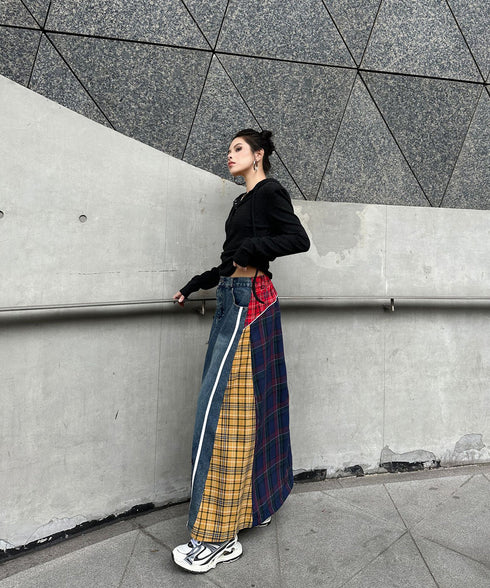 Denim Patchwork Check Skirt