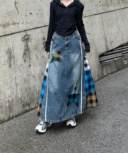 Denim Patchwork Check Skirt